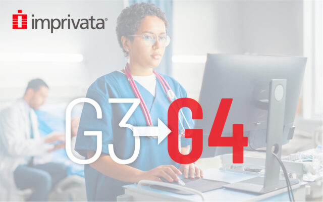 Verpleegster voert gegevens in op computer met daaroverheen de tekst ‘Van G3 naar G4’