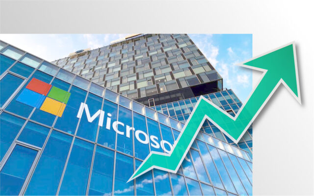 Foto van Microsoft-kantoor met daaroverheen een snel stijgende pijl