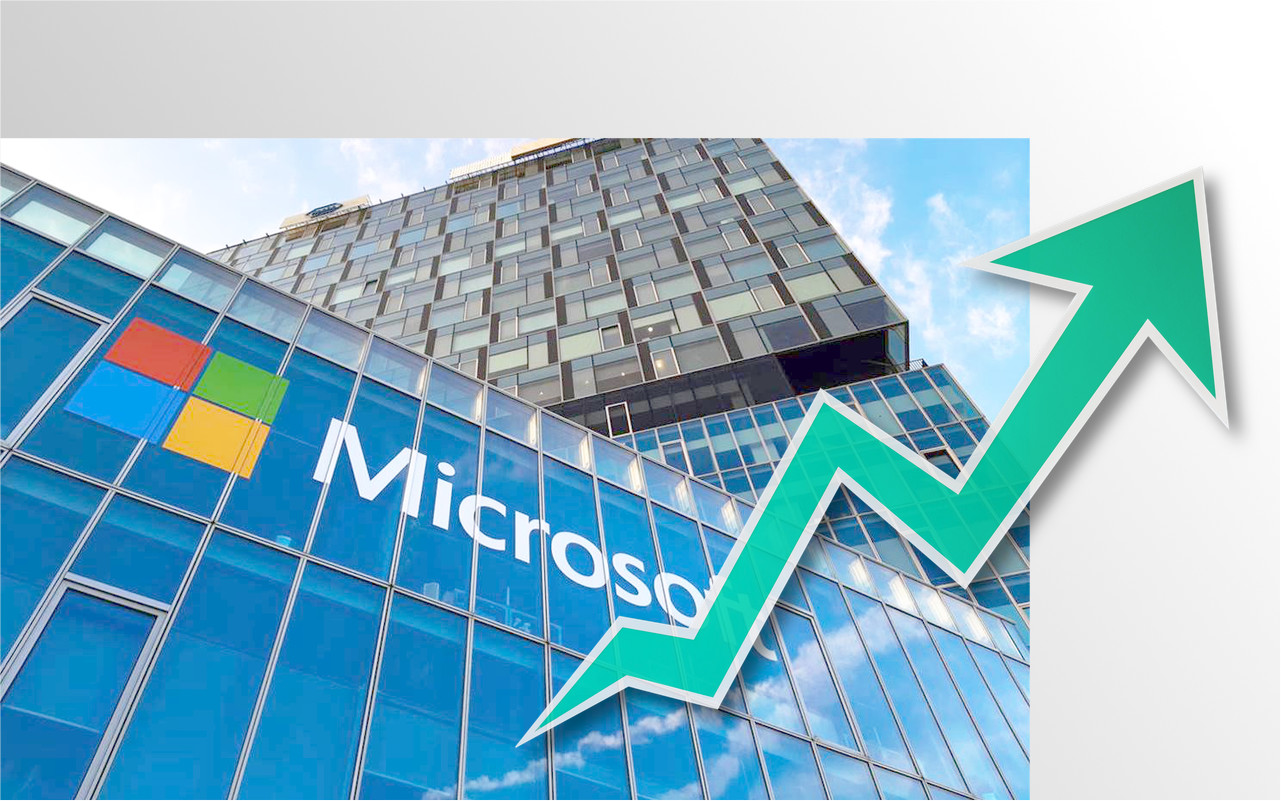 Foto van Microsoft-kantoor met daaroverheen een snel stijgende pijl