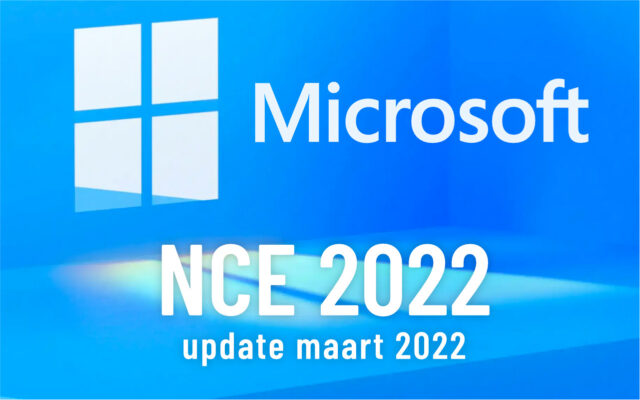 Abstracte blauwe illustratie met daaroverheen de tekst: ‘Microsoft NCE 2022 update maart 2022’