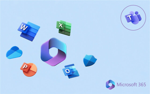Logo’s van Microsoft Office-apps met Teams die wegvliegt
