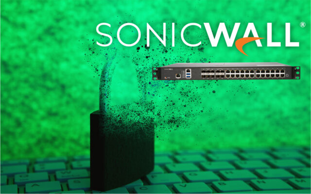 abstracte afbeelding van een toetsenbord met hangslot, en daarbovenop logo en firewall van SonicWall