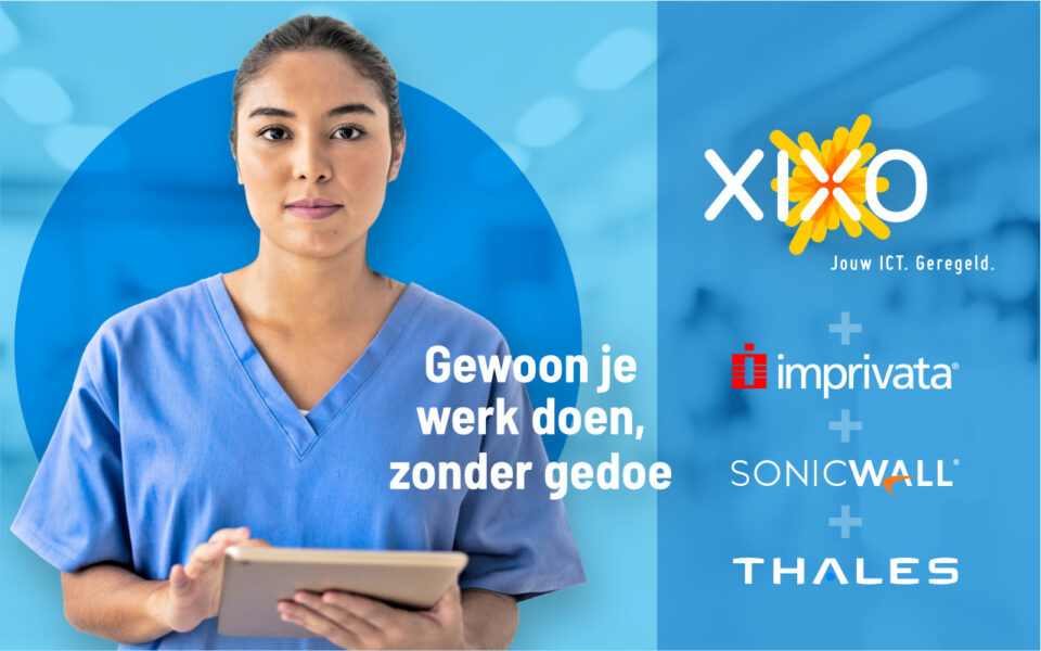 Illustratie met verpleegster met tablet en de logo's van XIXO, Imprivata, Thales en SonicWall