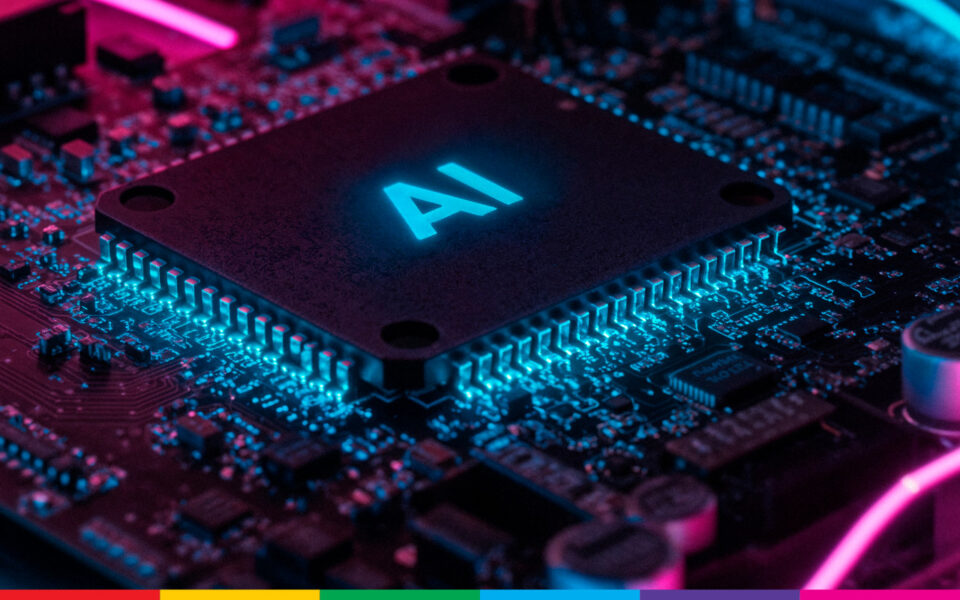illustratie met geheugenchip close up met daarop de letters AI