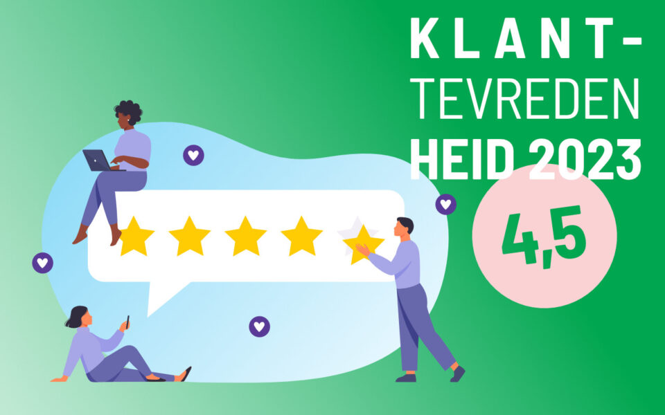 Abstracte illustratie met figuurtjes die cijfers plakken, met daarover de tekst: klanttevredenheid 2023, 4,5