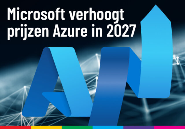 logo Azure en lint met pijl omhoog op cyber-achtergrond, met tekst: ‘Microsoft verhoogt prijzen Azure in 2027’