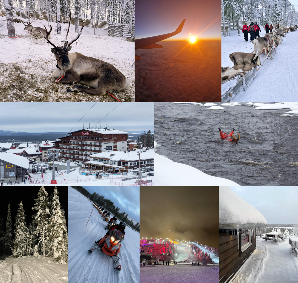 Fotocollage van Lapland met rendier, sneeuw, hotel, scoorter en landschap