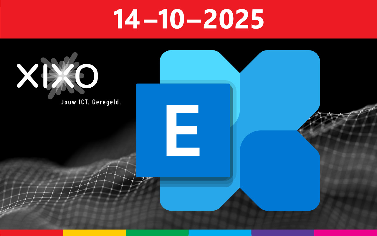 Zwarte cyber-achtergrond met daarop het blauwe Exchange-logo en daarboven een rode band met daarop ‘14-10-2025’
