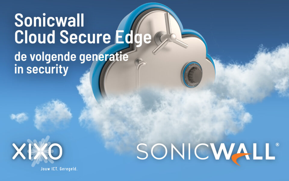 Afbeelding van een kluis in de vorm van een wolk met daaroverheen de tekst: Sonicwall Cloud Secure Edge: de volgende generatie in security