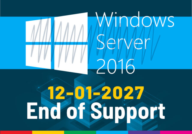 abstracte compositie met logo Windows Server 2016 met tekst ‘12-01-27: end of support’