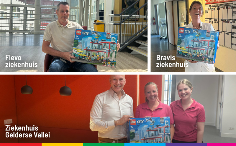 Collage van drie portretten van ziekenhuis-medewerkers met de Lego-doos