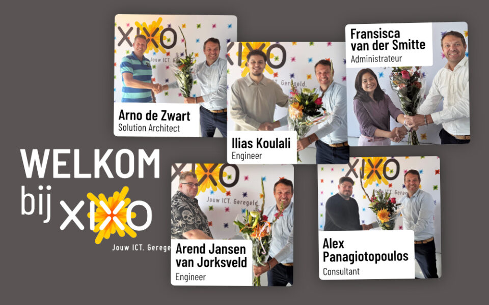 Collage met foto’s van nieuwe medewerkers die een bloemetje krijgen van Martin