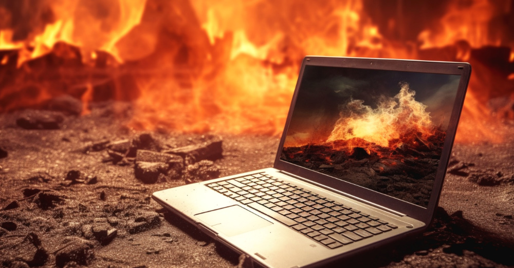 laptop op de grond met brand op de achtergrond